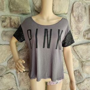 PINK BY VS | GRAY short sleeve Pink Logo T-shirt with sequins